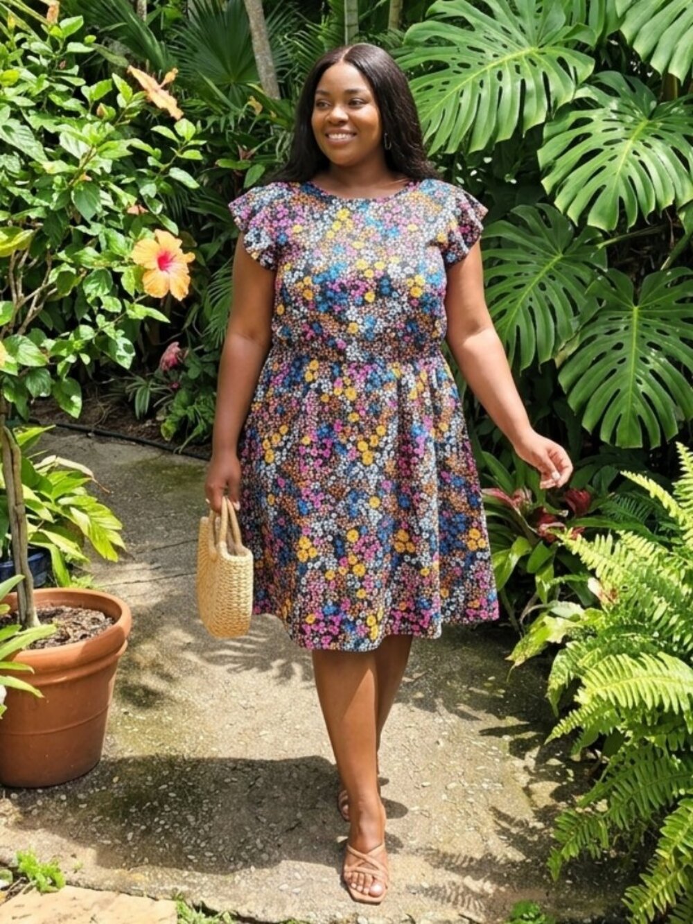 SHEIN Curve Floral Dress 3XL Fits XL Boho Summer Flutter Sleeve Ruffle